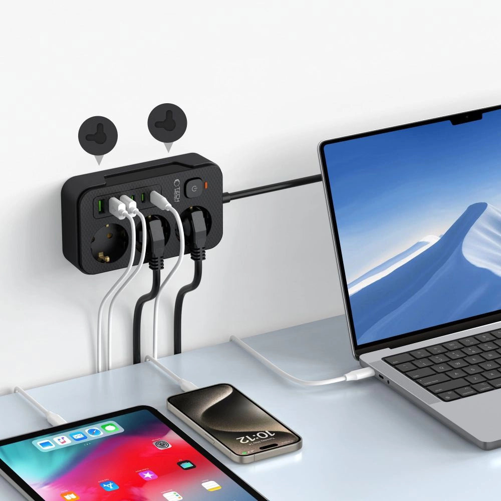 Tech-Protect PC3X6 Power Strip 3 Sockets 240V + 3xUSB-A + 3xUSB-C 200cm - Black