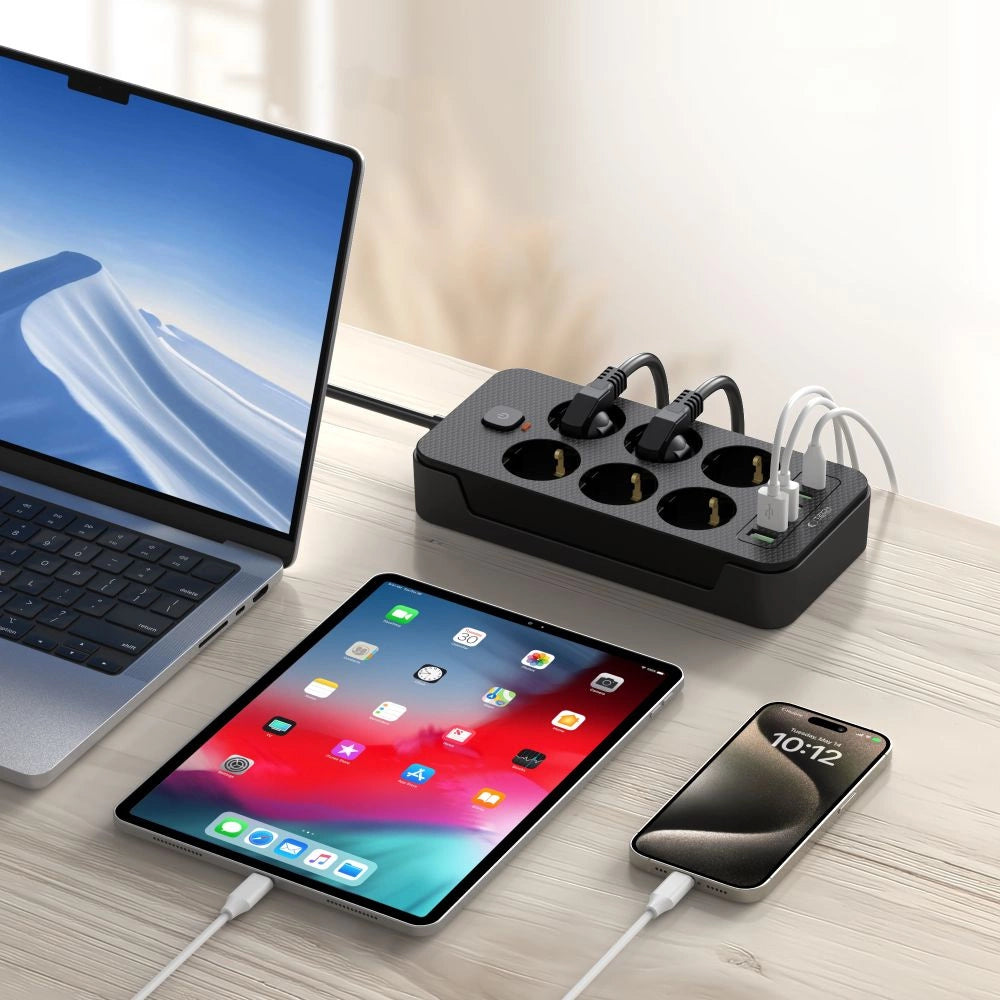 Tech-Protect PC6X6 Power Strip 6 Sockets 240V + 3xUSB-A + 3xUSB-C 200cm - sort