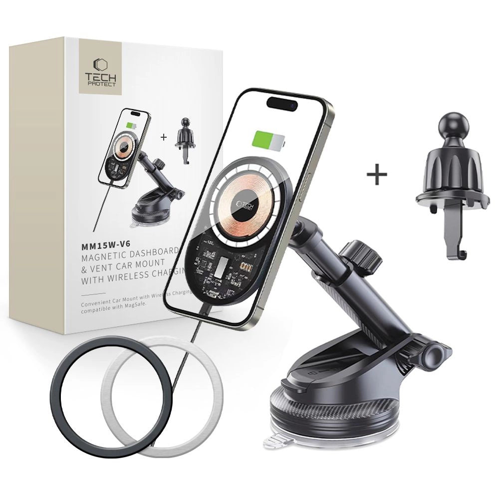 Tech-Protect MM15W-V6 15W bilopladerholder med MagSafe til instrumentbræt og luftventil - sort