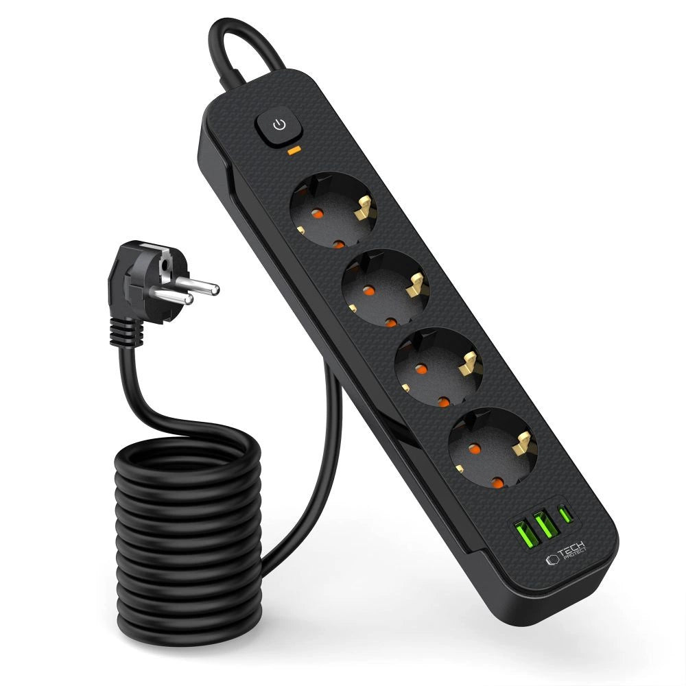 Tech-Protect PCL4X3 Power Strip 4 stikkontakter 240V + 2xUSB-A + 1xUSB-C 200 cm - sort