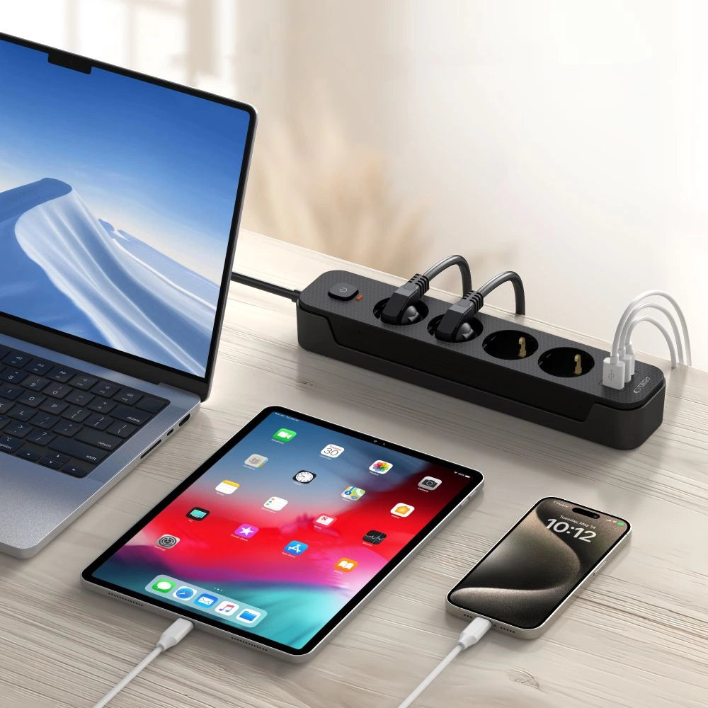 Tech-Protect PCL4X3 Power Strip 4 stikkontakter 240V + 2xUSB-A + 1xUSB-C 200 cm - sort