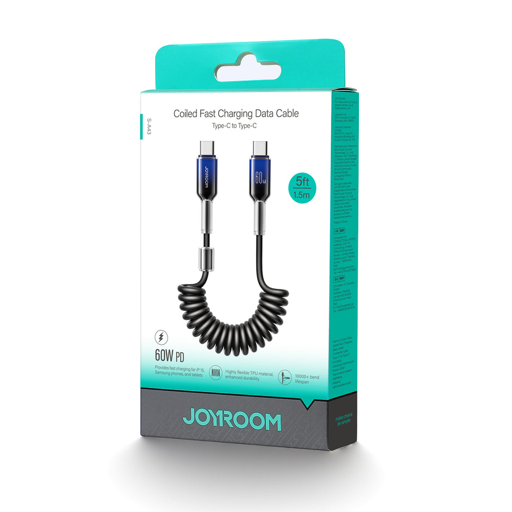 Joyroom S-A43 Crystal-Clear Series 60W USB-C - USB-C spiralkabel 1,5 m - sort