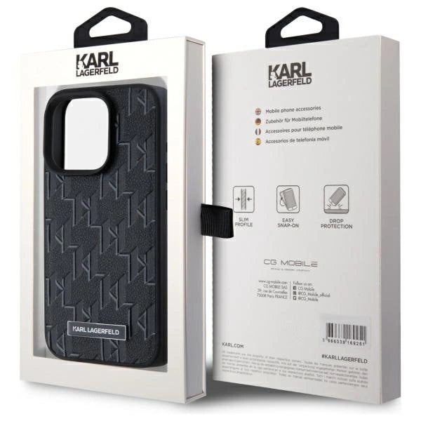 Karl Lagerfeld Leather Monogram Metal Logo MagSafe iPhone 15 Pro Case - Black