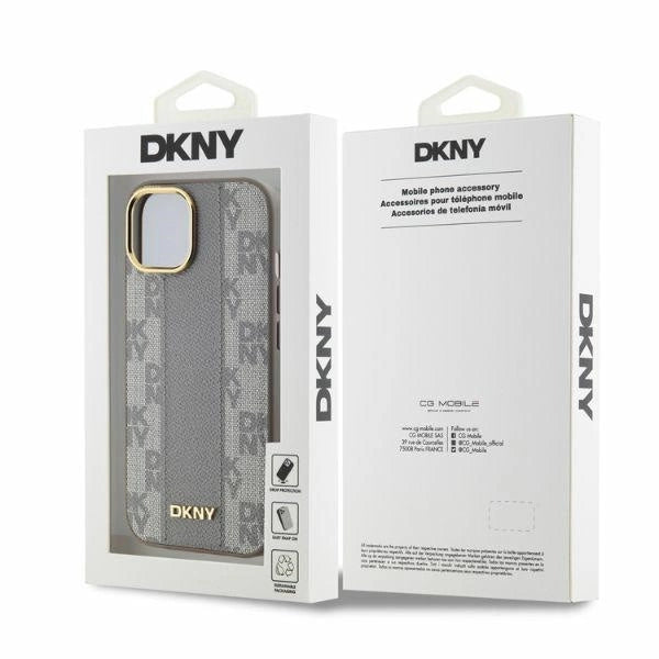 DKNY Leather Checkered Mono Pattern MagSafe iPhone 14 Case - Beige