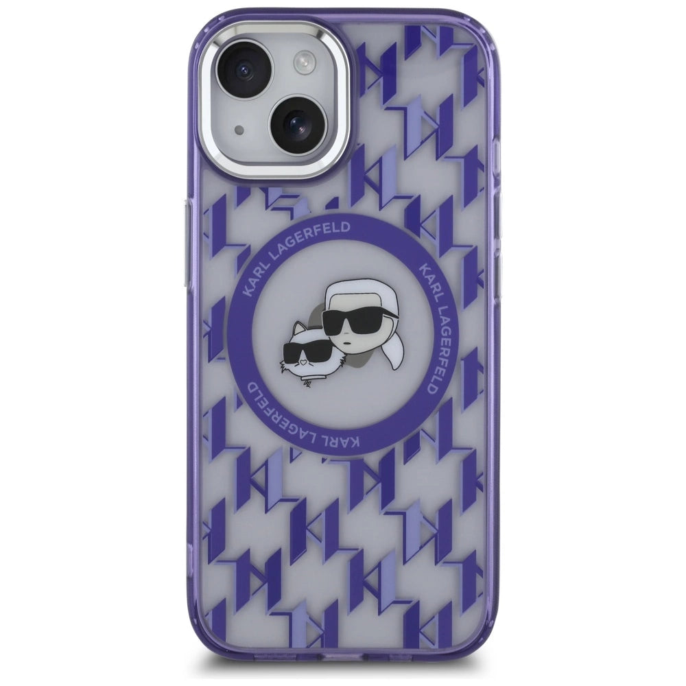 Karl Lagerfeld IML Monogram Karl & Choupette Head MagSafe iPhone 15 Case - Purple
