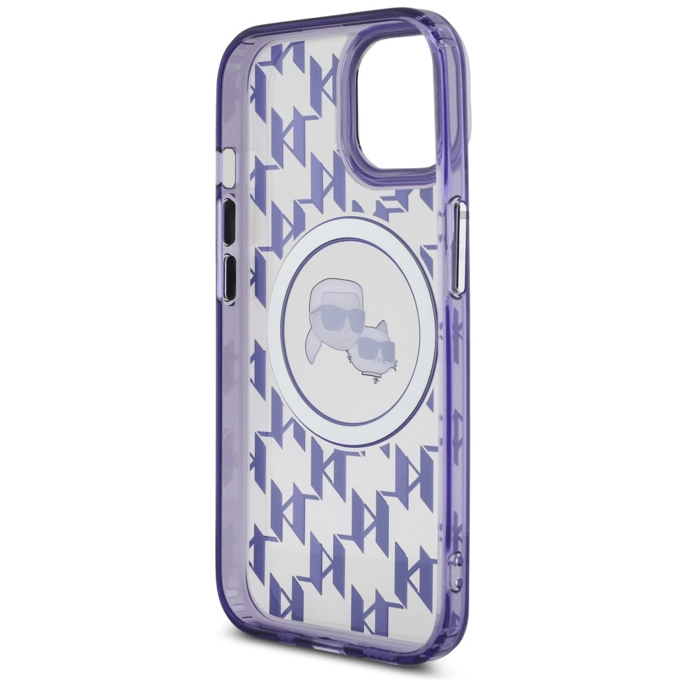 Karl Lagerfeld IML Monogram Karl & Choupette Head MagSafe iPhone 15 Case - Purple