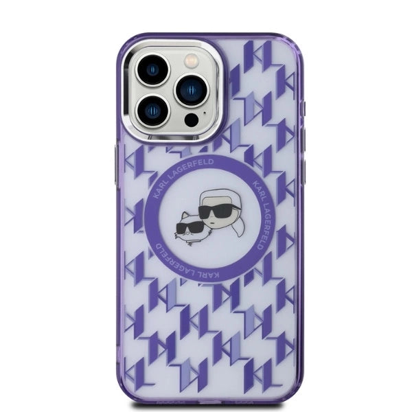 Karl Lagerfeld IML Monogram Karl & Choupette Head MagSafe Case for iPhone 15 Pro Max - Purple