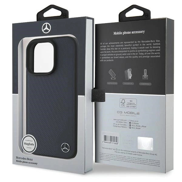 Mercedes MB Wood Imitation Leather MagSafe Case for iPhone 16 Pro Max - Navy Blue