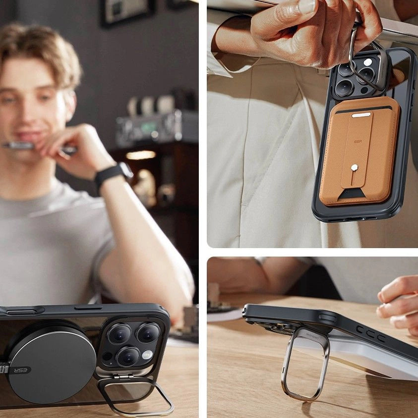 ESR Classic Hybrid Kickstand Halolock MagSafe Case med Stand + Hæmt Glas til iPhone 16 Pro Max - Klar med sort ramme