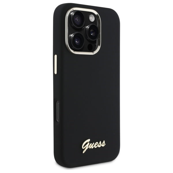 Guess Silicone Script Metal Logo & Frame Case til iPhone 16 Pro - sort