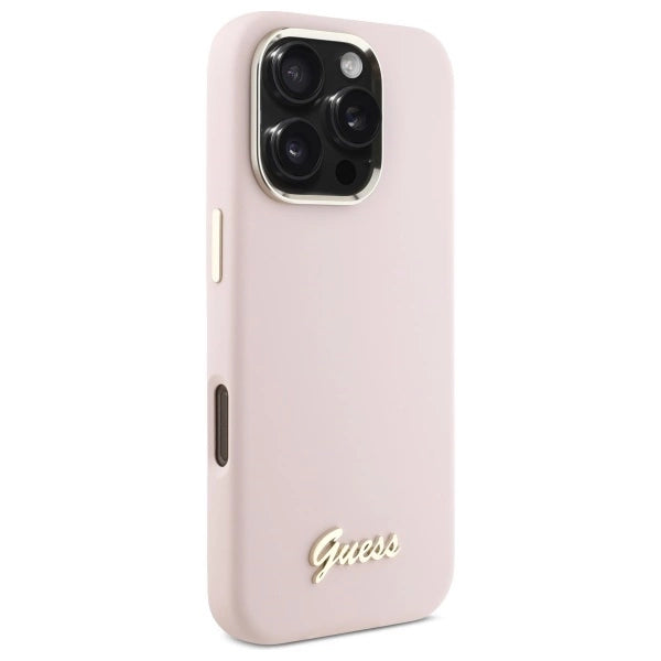 Guess Silicone Script Metal Logo & Frame iPhone 16 Pro Case - Pink