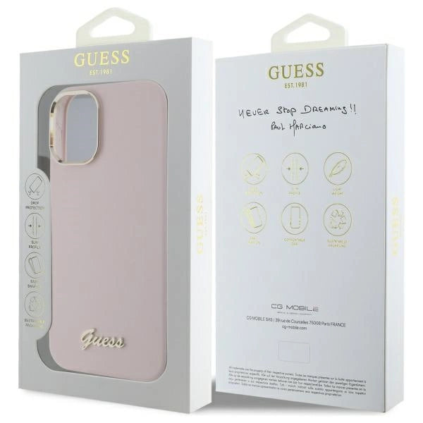 Guess Silicone Script Metal Logo & Frame iPhone 16 Plus Case - Pink