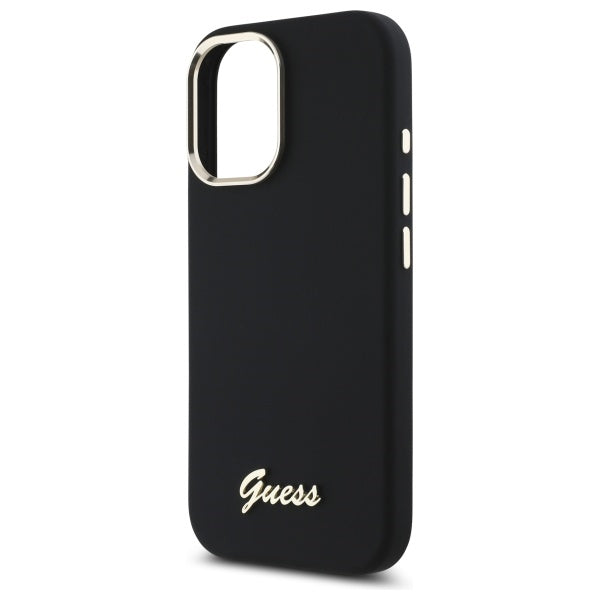 Guess Silicone Script Metal Logo & Frame Case til iPhone 16 - sort