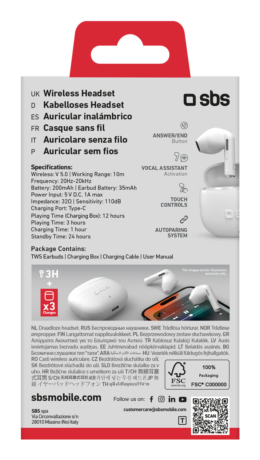 SBS TEEARTWSGOPODSW hovedtelefoner/headset True Wireless Stereo (TWS) I ørerne Opkald/musik Bluetooth Hvid