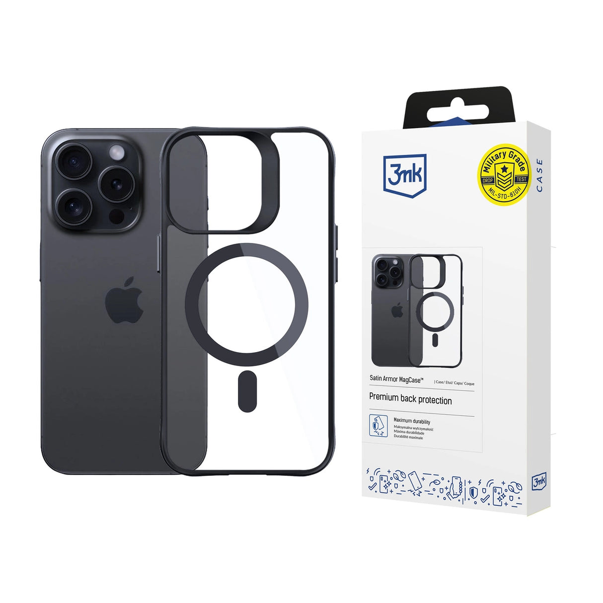 3mk Satin Armor MagCase med MagSafe til iPhone 15 Pro Max - Klar med sort ramme