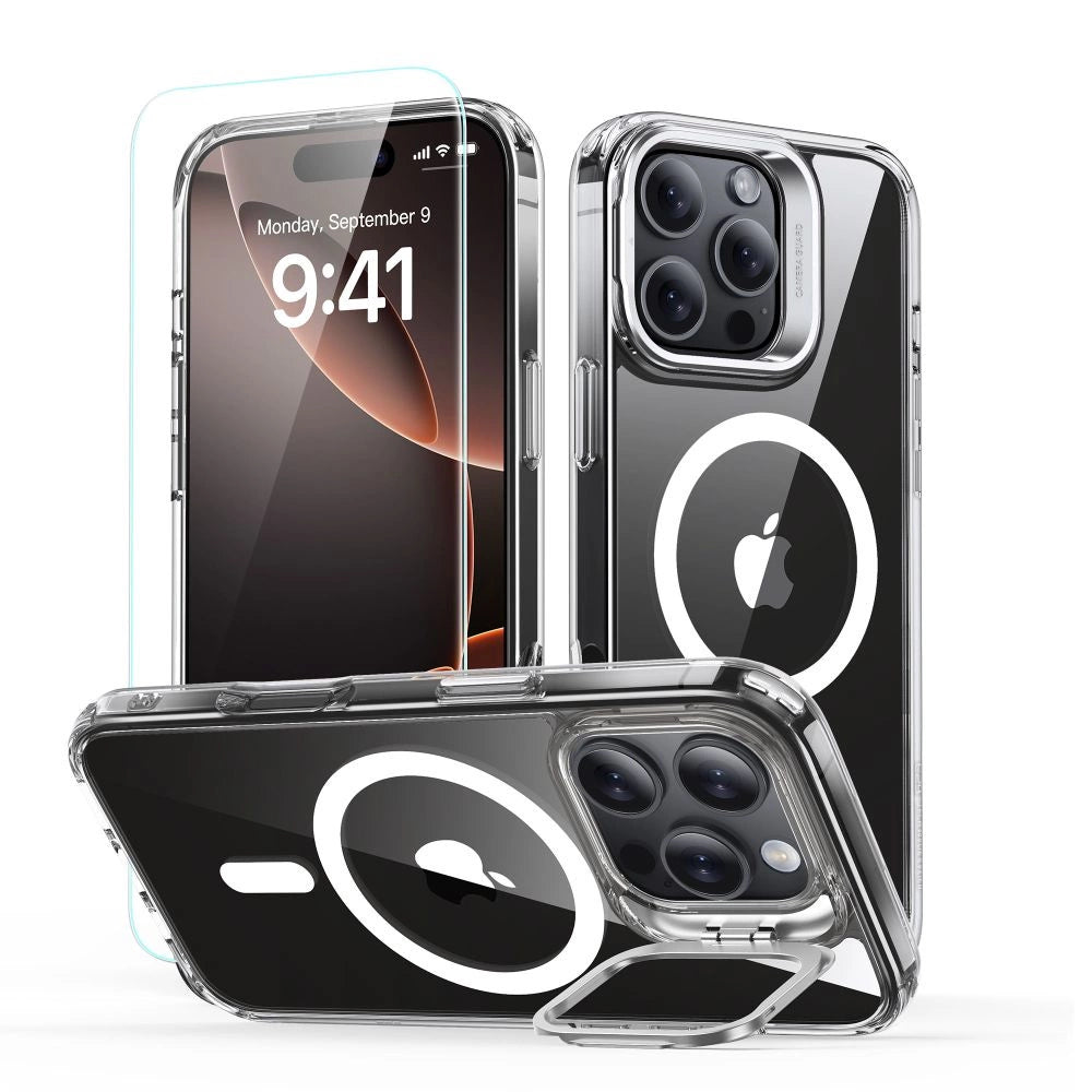 ESR Classic Hybrid Kickstand Halolock MagSafe Case Set med Stand + Hæmt Glas til iPhone 16 Pro Max - Clear