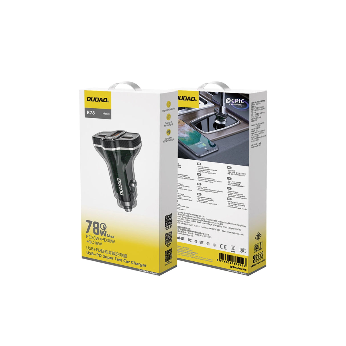 Dudao R78 78W Biloplader USB-C PD / 2xUSB-A QC - sort