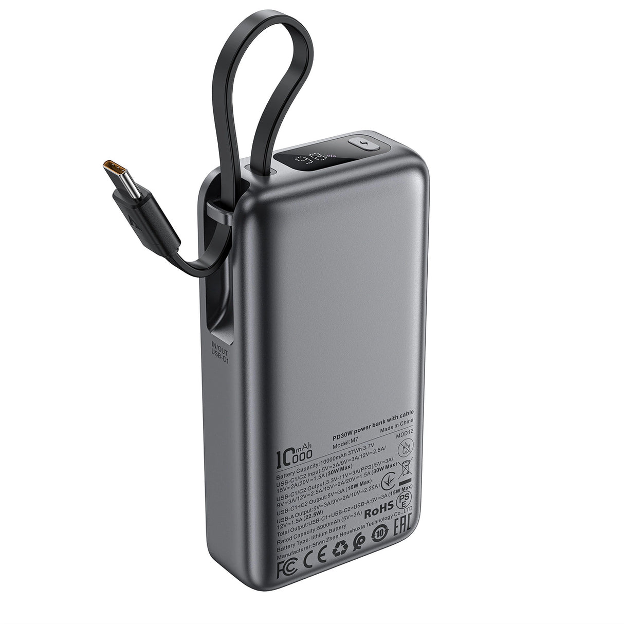 Acefast M7-10000 PD30W Powerbank med indbygget kabel - sort