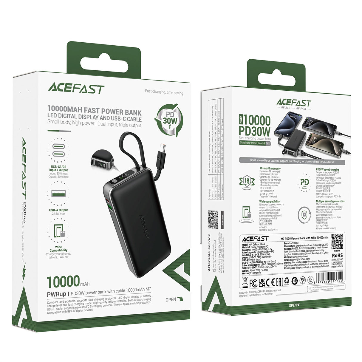 Acefast M7-10000 PD30W Powerbank med indbygget kabel - sort