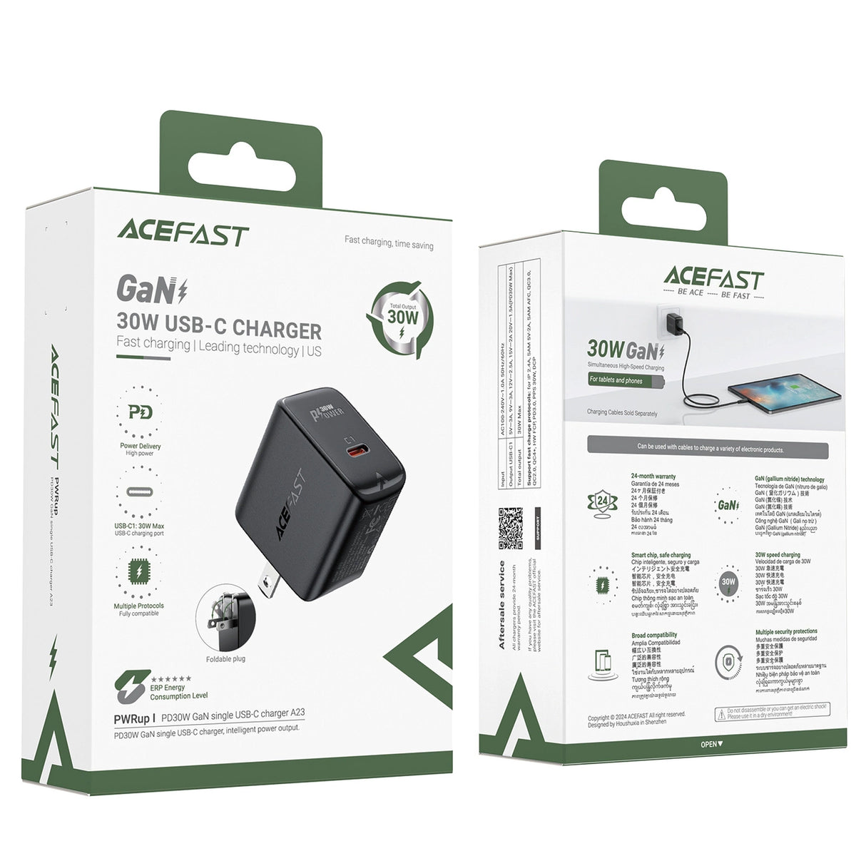 Acefast A23 30W GaN USB-C US Wall Charger - sort