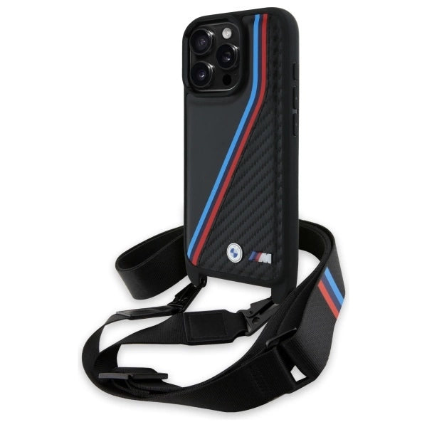 BMW M Edition Carbon Tricolor Lines & Strap Case til iPhone 16 Pro - sort
