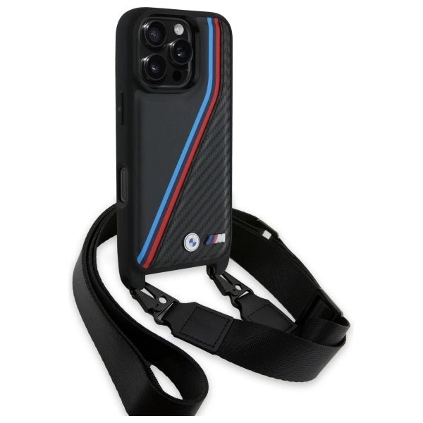 BMW M Edition Carbon Tricolor Lines & Strap Case til iPhone 16 Pro Max - sort