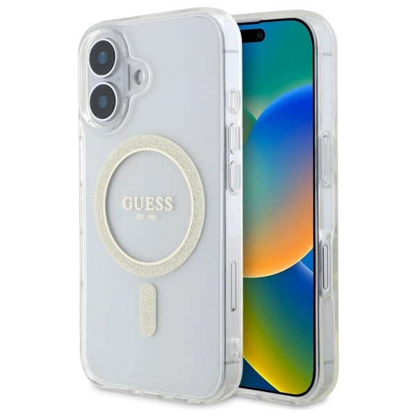 Guess GUHMP16MHFGERET iPhone 16 Plus 6.7" gennemsigtigt hårdkasse IML Glitter Circle MagSafe