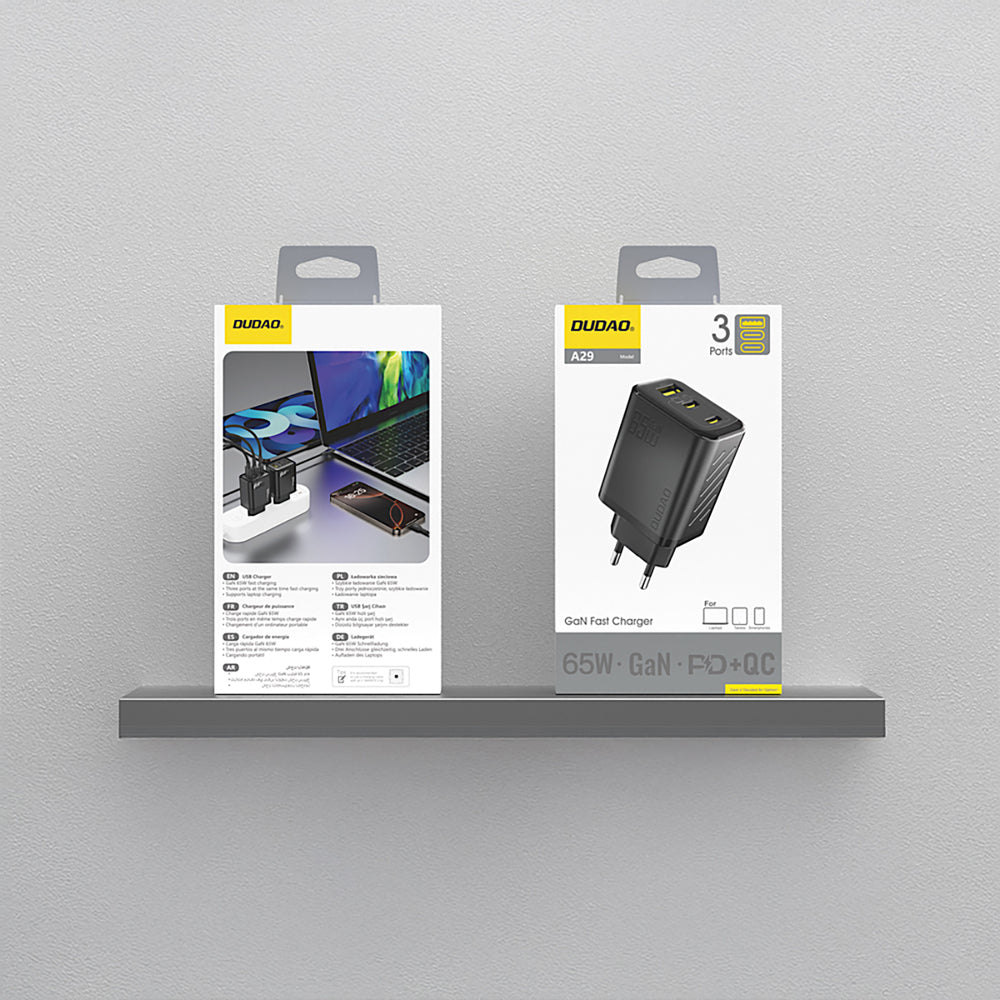 Dudao A29 65W GaN Wall Charger 2 x USB-C + 1 x USB-A - sort