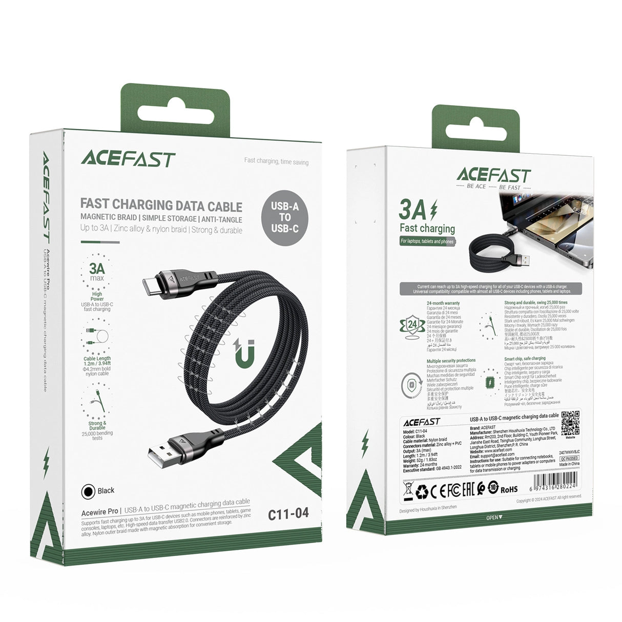 Acefast C11-04 USB-A - USB-C 3A Kabel 1,2 m Magnetisk Tråd - sort