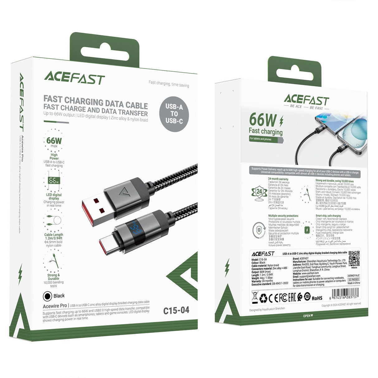 Acefast C15-04 USB-A - USB-C-kabel med skærm 480Mb/s 66W 1,2m - sort