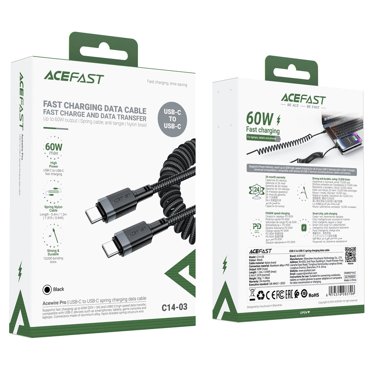 Acefast C14-03 USB-C - USB-C Spring Cable 480Mb/s 3A 1.2m - sort