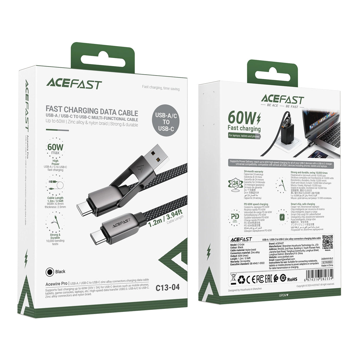 Acefast C13-04 USB-C - USB-A / USB-C Kabel 480Mb/s 3A 1,2m - sort