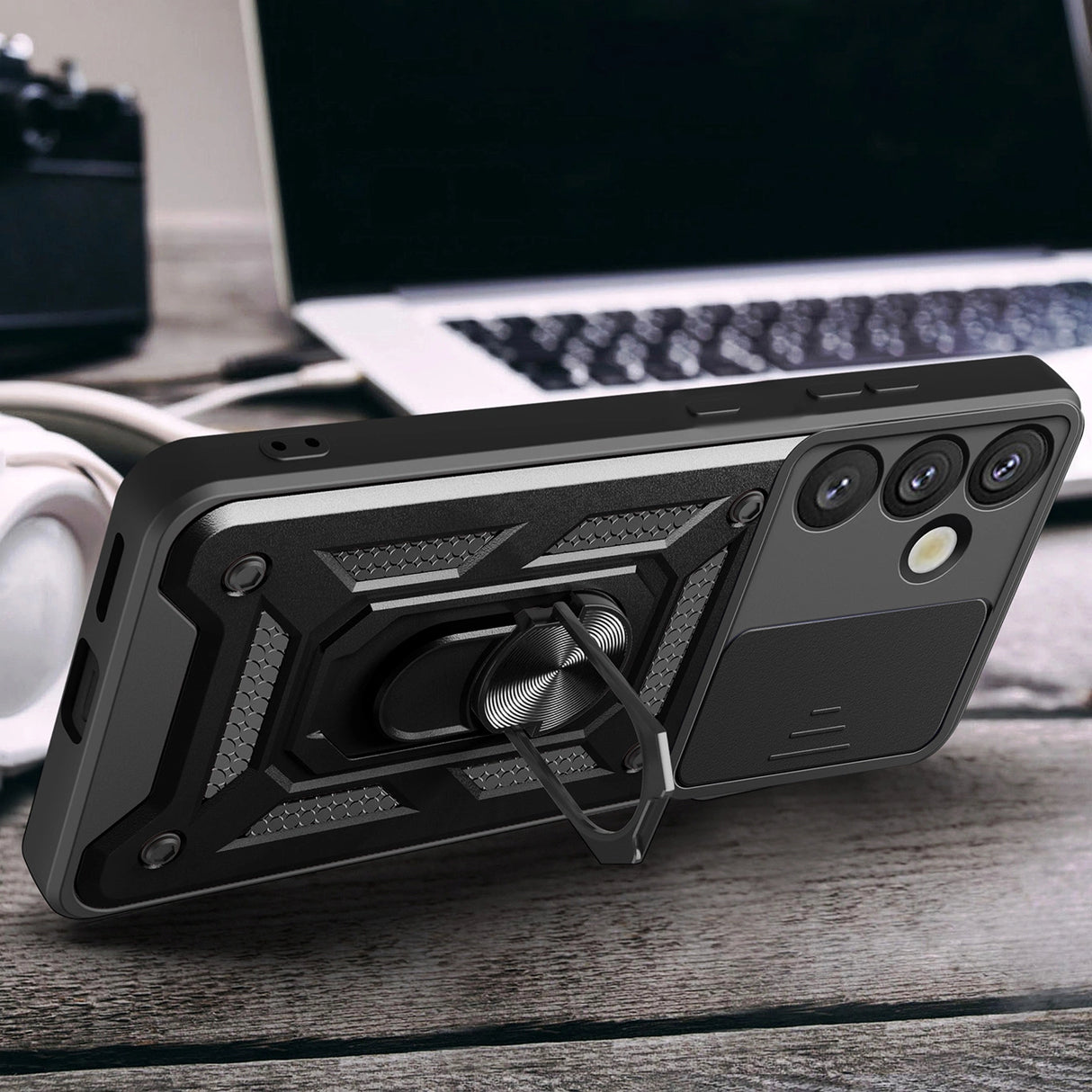 Hybrid Armor Camshield med Camera Cover og Metal Ring til Samsung Galaxy S25+ - sort