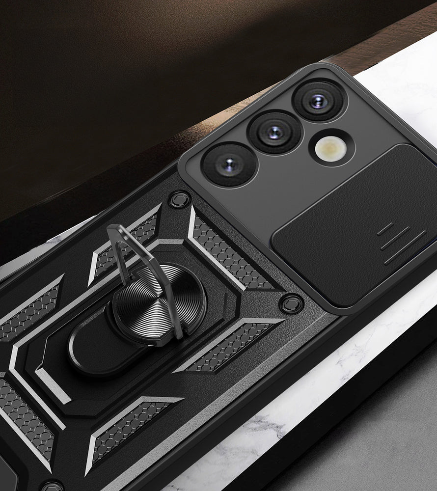 Hybrid Armor Camshield med kameraomslag og metalring til Samsung Galaxy S25+ - sort