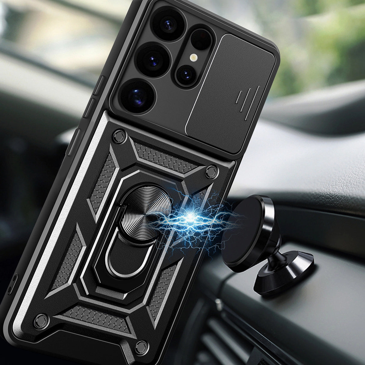 Hybrid Armor Camshield med Camera Cover og Metal Ring til Samsung Galaxy S25 Ultra - sort