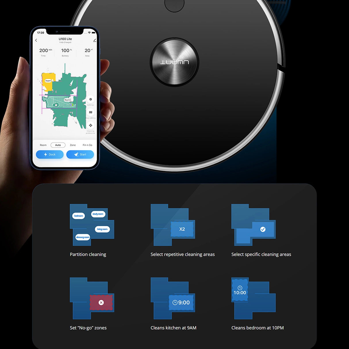 UWANT U100 Lite robotstøvsuger med mop-funktion + opladningsstation - grå