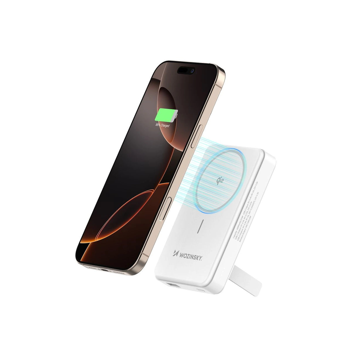 Powerbank Wozinsky WLWP-10KA0Y3WS 22.5W PD Qi2 10000 mAh, med stand, 1x USB-A, 1x USB-C - hvid