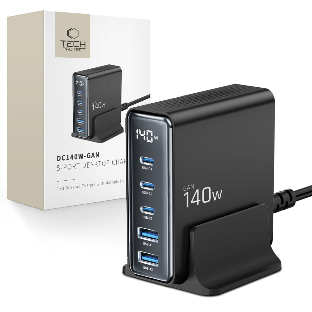 Tech-Protect DC140W-GAN 5-PORT PD140W/QC3.0 Ladestation - sort