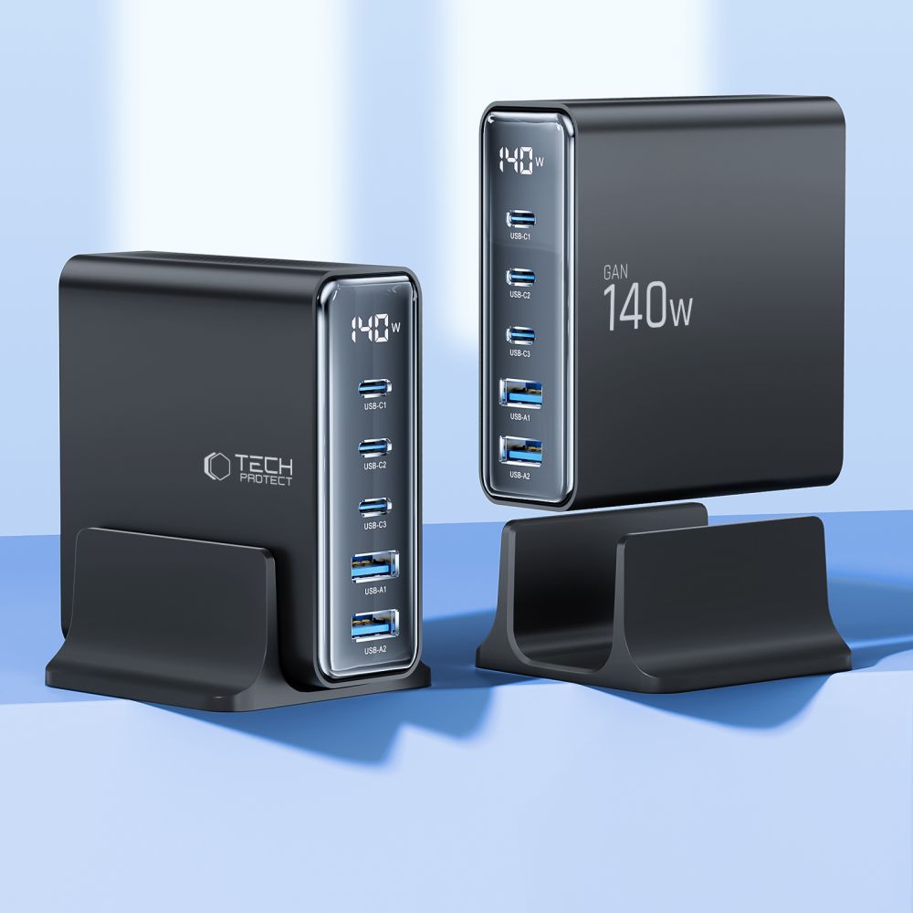 Tech-Protect DC140W-GAN 5-PORT PD140W/QC3.0 Ladestation - sort