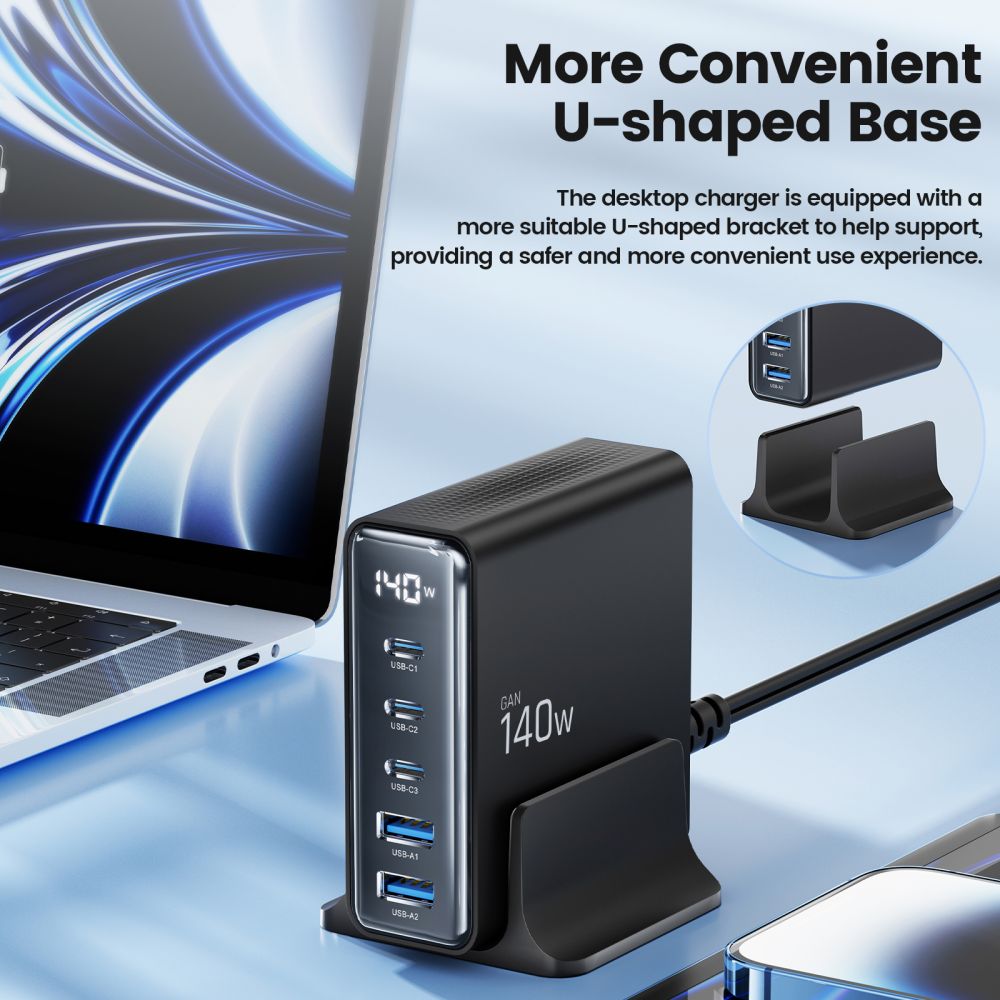 Tech-Protect DC140W-GAN 5-PORT PD140W/QC3.0 Ladestation - sort