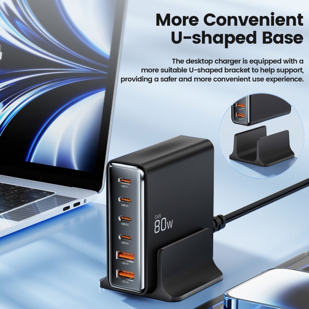 Tech-protect DC80W-GAN 6-PORT PD80W/QC3.0 Ladestation - sort