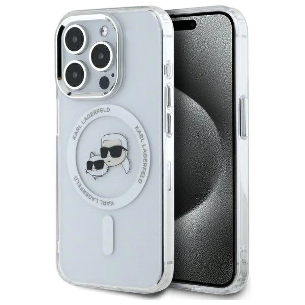 Karl Lagerfeld IML Metal Karl&Choupette Head MagSafe iPhone 15 Pro Case - White