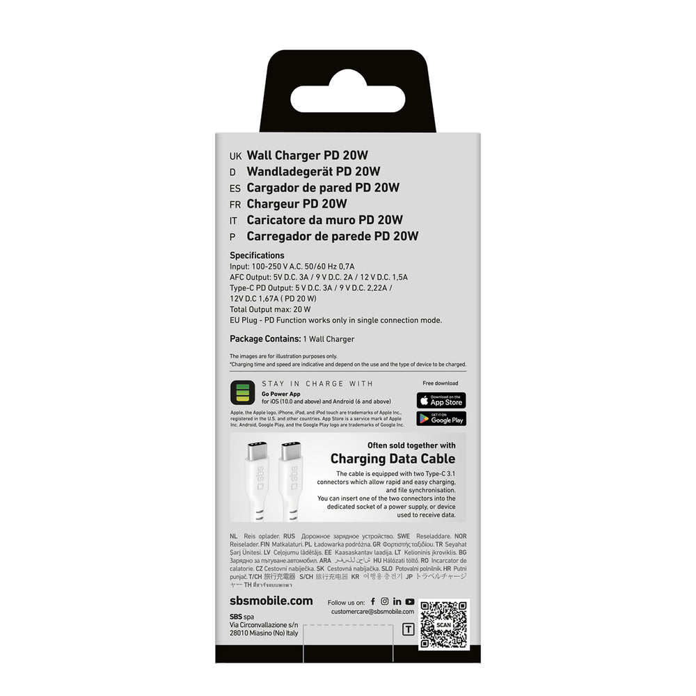 SBS TETRPD20W 20W USB-A USB-C Wall Charger med Power Delivery - hvid