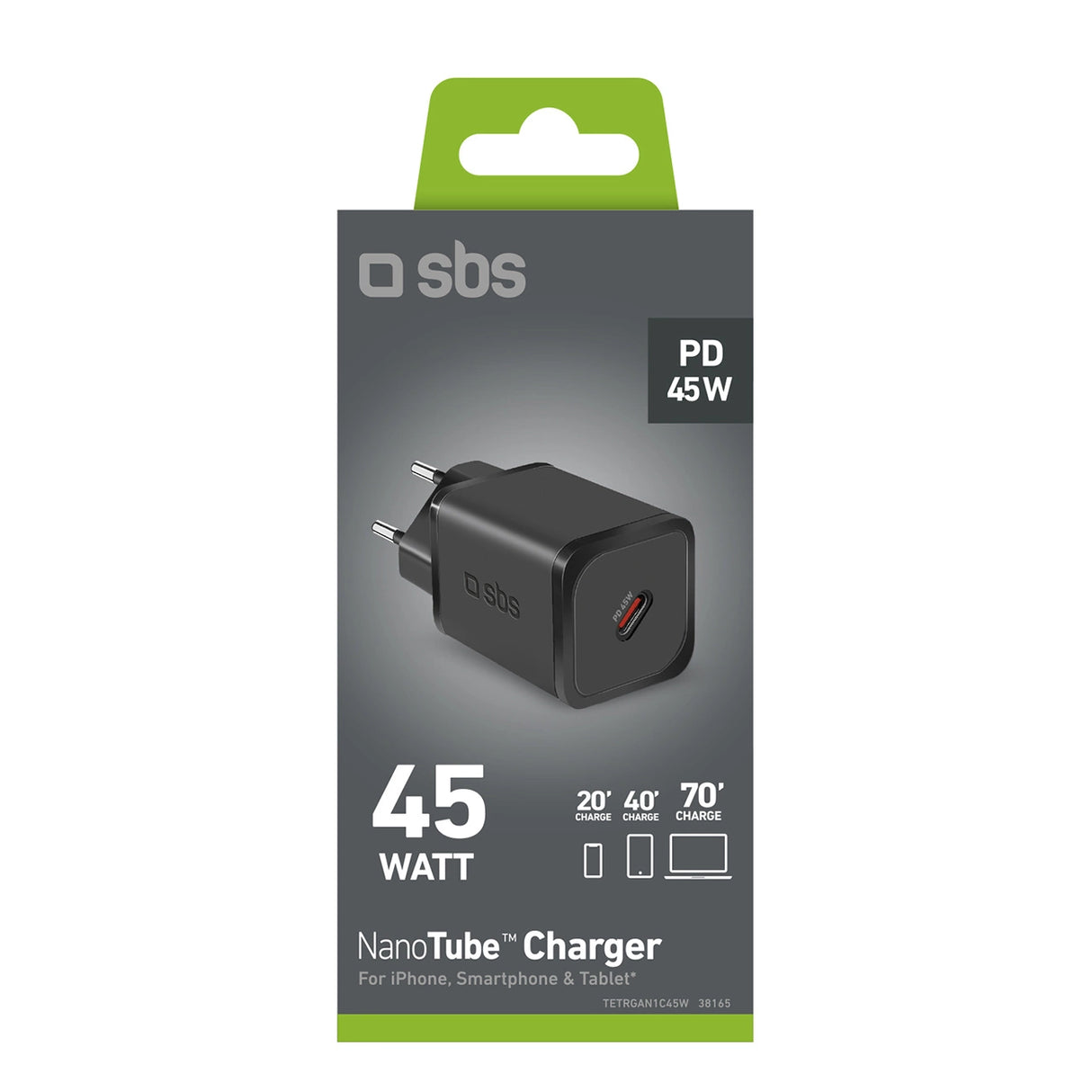 SBS TETRGAN1C45W 45W GaN USB-C Wall Charger med Power Delivery - sort