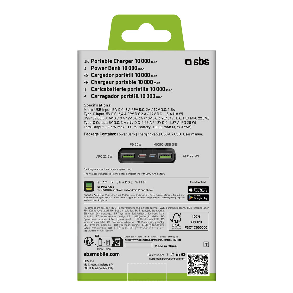 Powerbank SBS TTBB10000FASTPD20K 10000 mAh 20W med Power Delivery - sort