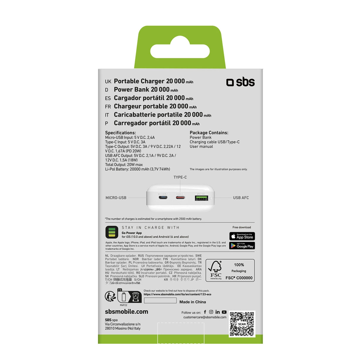 Powerbank SBS TTBB20000PD20W 20000 mAh 20W Power Delivery med MicroUSB, USB-C, USB-A - hvid