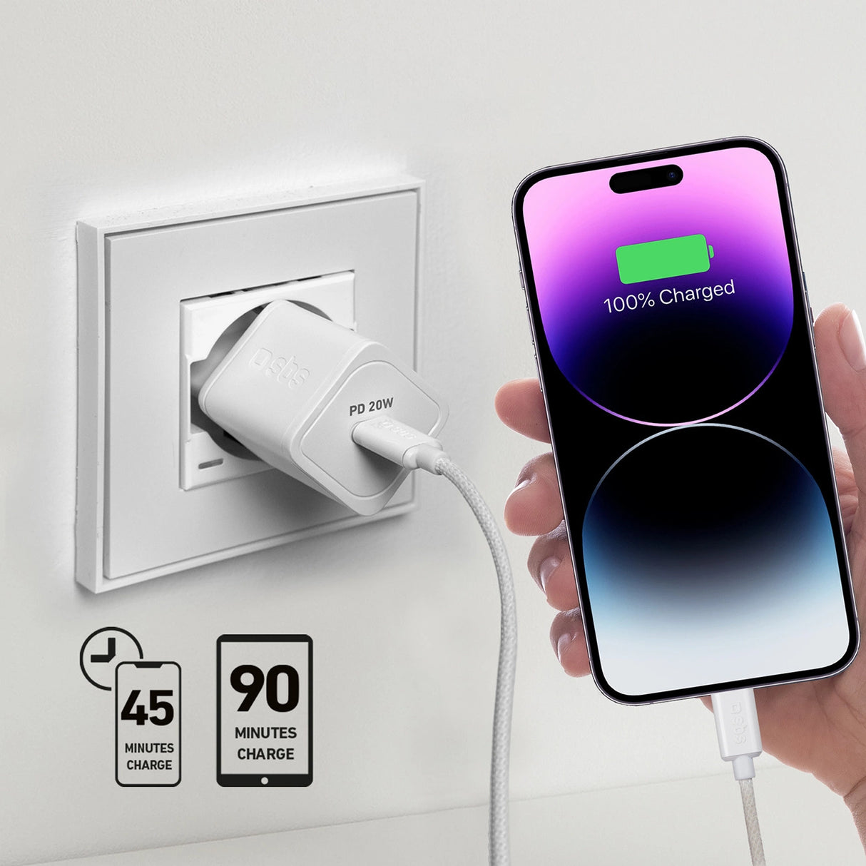 SBS TETRGAN1C20W 20W GaN Wall Charger med Power Delivery - hvid