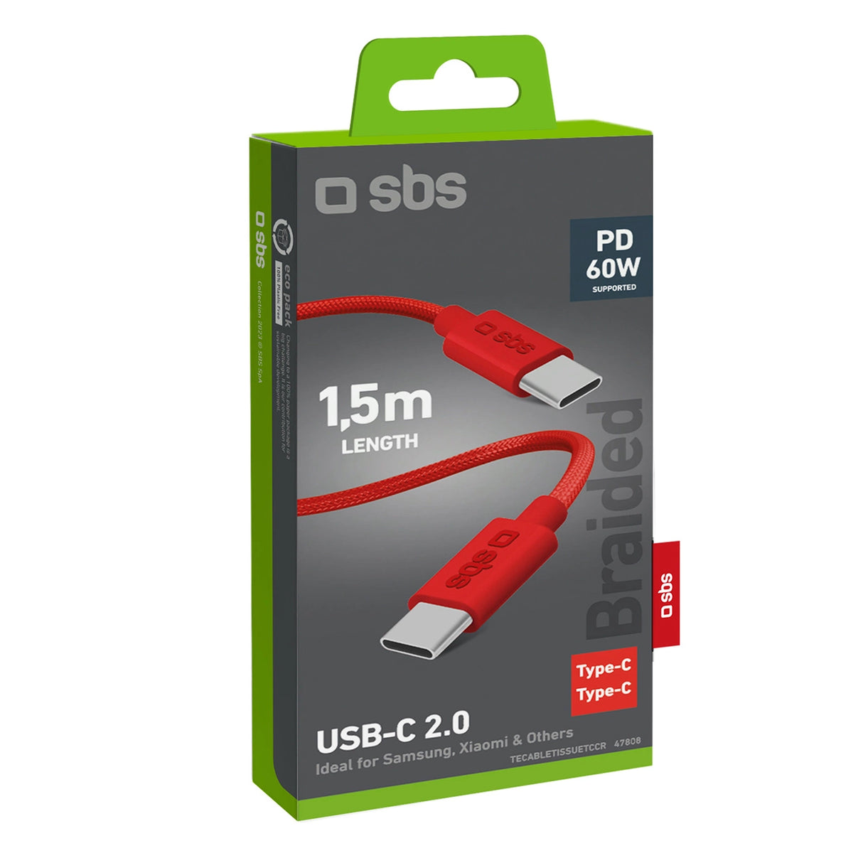 SBS TECABLETISSUETCCR USB-C - USB-C 1,5 m 60W flæsket kabel - rød