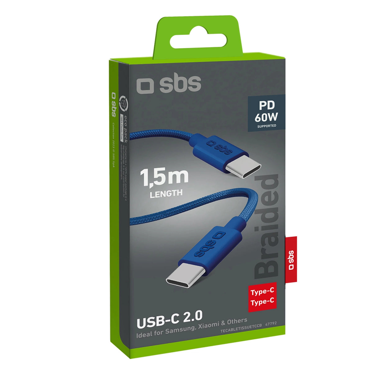 SBS TECABLETISSUETCCB USB-C - USB-C 1,5 m 60W flettet kabel - blå