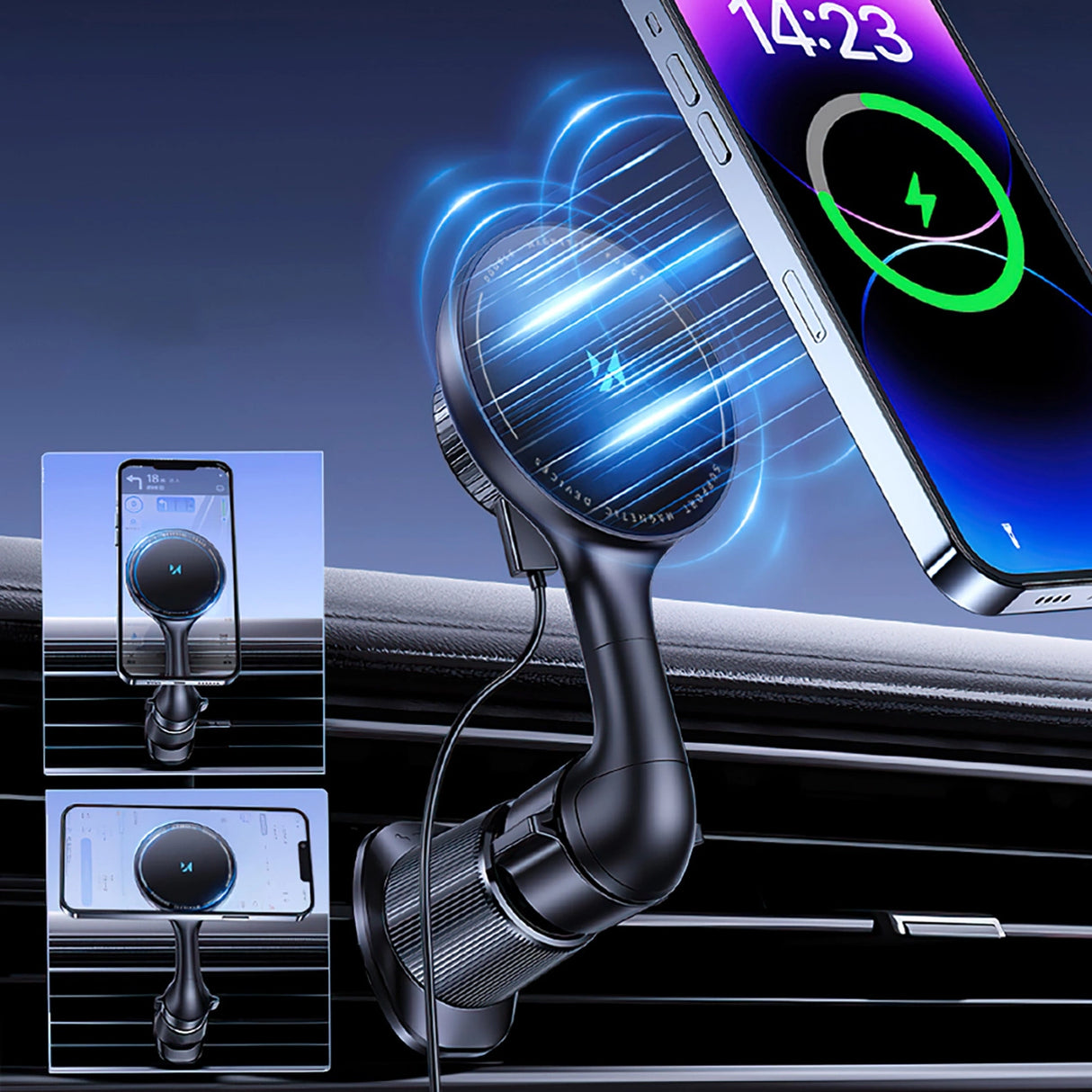 Wozinsky WCT5-6S4Y Bilholder med Qi/MagSafe 15W induktiv oplader til luftventilation - sort